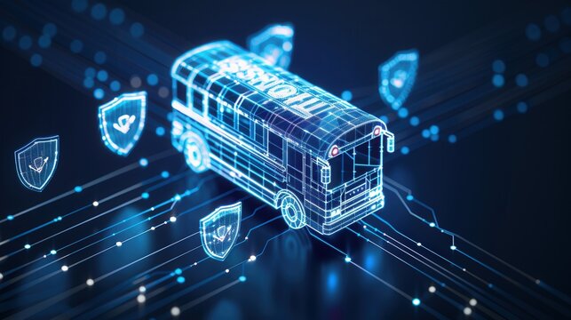 3D holographic technological school bus with cybersecurity shield, symbolizing secure transportation and advanced technological on a digital network.