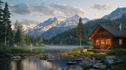 Fototapeta premium Photorealistic Summer Mountain Cabin | Billboard mockup | Landscape mockup