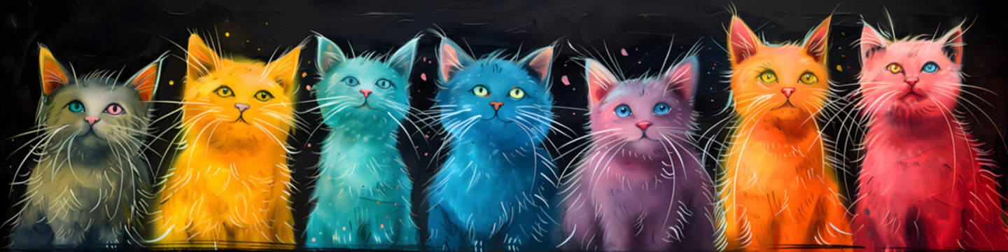 Dibujo infantil de gatos sobre fondo negro 