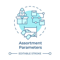 Assortment parameters soft blue concept icon. Retail strategy. Mix of different products. Marketing. Round shape line illustration. Abstract idea. Graphic design. Easy to use in presentation