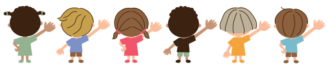 右手を上げる6人の多国籍の子供たちの後姿