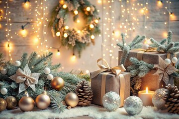 Gift boxes, lights, toys and a Christmas tree in the home interior of the living room. A cozy concept for Christmas and winter holidays in 2025. Preparing gifts for loved ones.