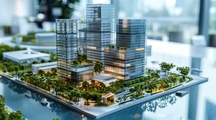 Fototapeta premium Generate a photo realistic image of a maquette illustrating a corporate headquarters with office towers, corporate amenities, and landscaped surroundings; ensure the image is of high resolution 