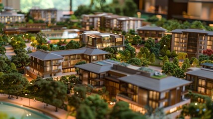 Obraz premium Generate a photo realistic image of a maquette illustrating a mixed-use development with residential, commercial, and recreational spaces; ensure the image is of high resolution 