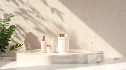 Here's a 3D rendering of a realistic product promotion podium and cosmetics mockup template.