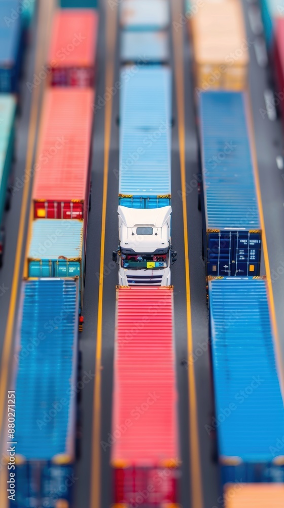 Poster bird's eye aerial view of busy port with trucks transporting goods, deep depth of field, ideal for t