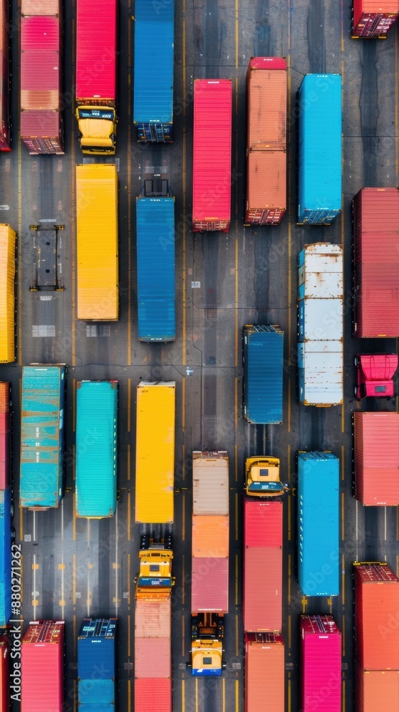 Poster aerial view of trucks transporting goods at a busy port with copy space, deep depth of field, coveri