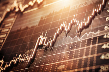 Closeup financial chart with uptrend line candlestick graph in stock market on monitor background