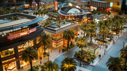 Fototapeta premium Generate a photo realistic image of a maquette representing a shopping mall with retail stores, food courts, and entertainment venues; ensure the image is of high resolution 
