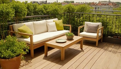 Cozy relaxing area at home. Sunny stylish balcony terrace in the city. Beautiful of modern terrace with wood deck flooring and fence, green potted flowers plants and outdoors furniture.