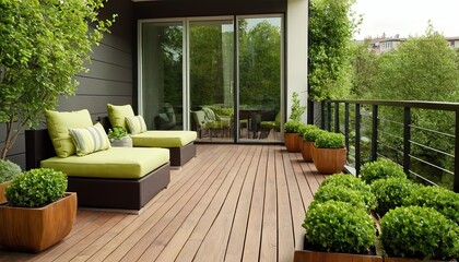 Fototapeta premium Cozy relaxing area at home. Sunny stylish balcony terrace in the city. Beautiful of modern terrace with wood deck flooring and fence, green potted flowers plants and outdoors furniture.