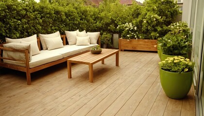 Fototapeta premium Cozy relaxing area at home. Sunny stylish balcony terrace in the city. Beautiful of modern terrace with wood deck flooring and fence, green potted flowers plants and outdoors furniture.
