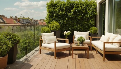 Obraz premium wood deck flooring and fence, green potted flowers plants and outdoors furniture. Cozy relaxing area at home. Sunny stylish balcony terrace in the city 250