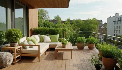 Fototapeta premium wood deck flooring and fence, green potted flowers plants and outdoors furniture. Cozy relaxing area at home. Sunny stylish balcony terrace in the city 250