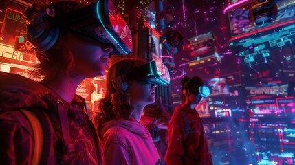 Fototapeta premium Beautiful girl wearing virtual reality glasses with futuristic neon lights in the background
