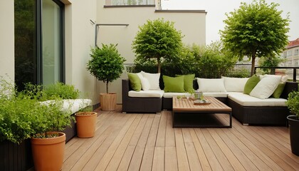 wood deck flooring and fence, green potted flowers plants and outdoors furniture. Cozy relaxing area at home. Sunny stylish balcony terrace in the city 250