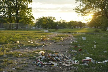 Park After a Gathering: A Depiction of Littered Green Space