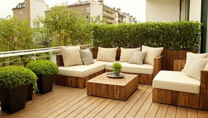 Beautiful of modern terrace with wood deck flooring and fence, green potted flowers plants and outdoors furniture. Cozy relaxing area at home. Sunny stylish balcony terrace in the,2215
