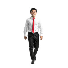 Fototapeta premium full body photo of a young vietnamese businessman wearing white shirt red tie smiling isolated on transparent background