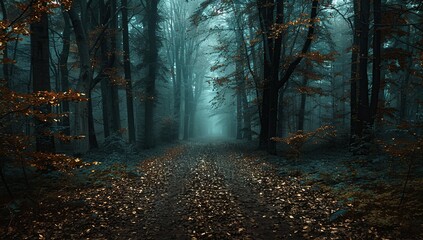 Obraz premium Mysterious Path Through a Foggy Forest