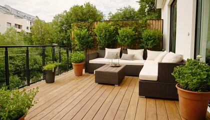 Fototapeta premium Beautiful of modern terrace with wood deck flooring and fence green potted flowers plants 112 