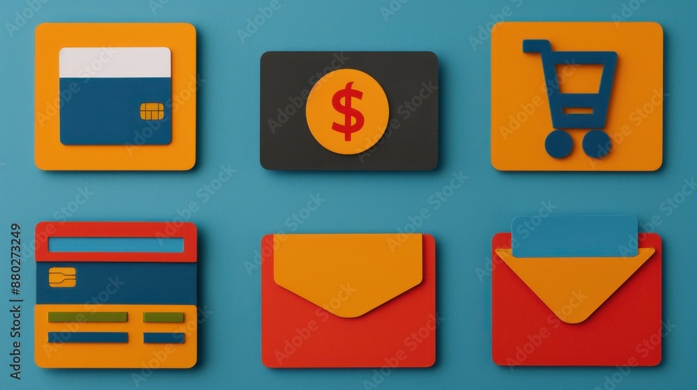 Poster colorful icons of online payment methods with copy space, versatile transactions, focused on all obj