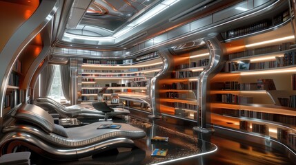 A home library with a futuristic, space-age design, featuring metallic finishes, sleek furniture, and LED lighting.