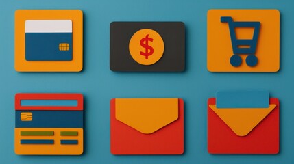 Colorful icons of online payment methods with copy space, versatile transactions, focused on all objects, deep depth of field.