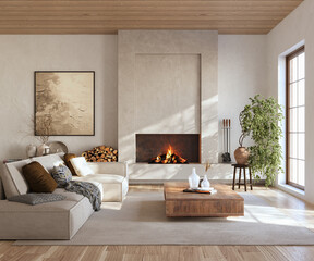 Obraz premium Minimalist living room interior with modern fireplace. Interior mockup, 3d render 