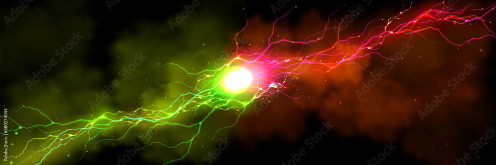 Poster pink and green thunder collision with shock burst flash and neon glow light effect for vs design. re