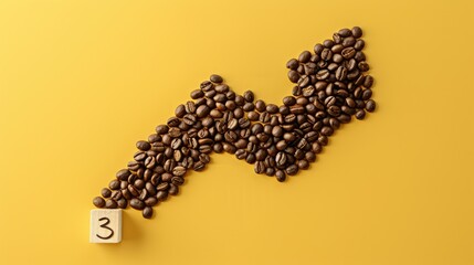 Coffee Beans Arrow Pointing Upwards with Growth Charts on Bright Yellow Background, Generative Ai