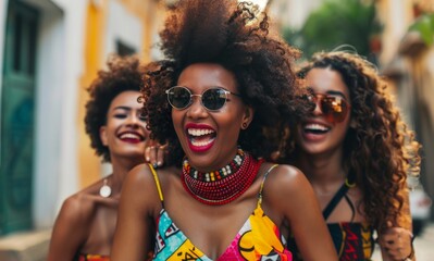 Three beautiful women laughing and enjoying a sunny day outdoors
