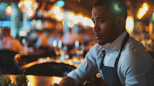 Dejected Restaurant Server Stares at Empty Tables in Dimly Lit Workplace