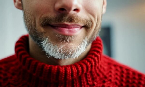 Close-up portrait of a young man with a beard wearing a red christmas ungly sweater, smiling slightly and looking directly at the camera. 