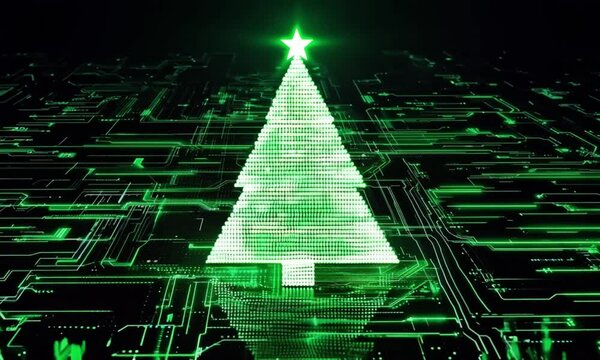Digital christmas tree made of green glowing lines and circuits on a dark background. The tree is topped with a star, representing a blend of holiday tradition and modern technology