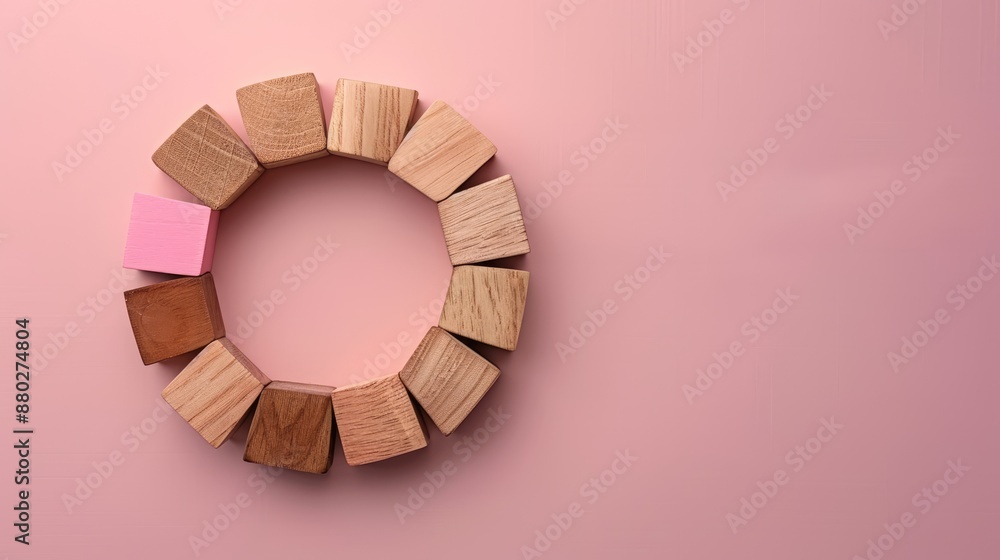 Aufkleber business analysis concept with wooden blocks and circular graph on pink background for market share 