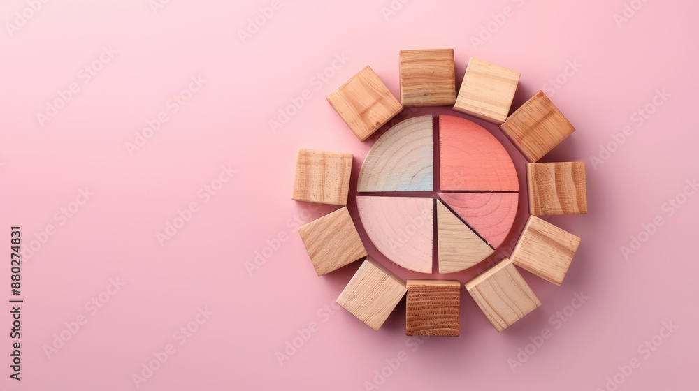 Poster market share distribution analysis with wooden blocks and circular graph on pink background. flat la
