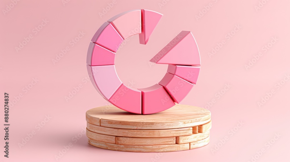 Poster modern business analysis concept with wooden blocks and circular graph on pink background. flat lay 