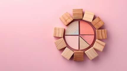 Market Share Distribution Analysis with Wooden Blocks and Circular Graph on Pink Background. Flat Lay Minimalist Business Concept., Generative Ai