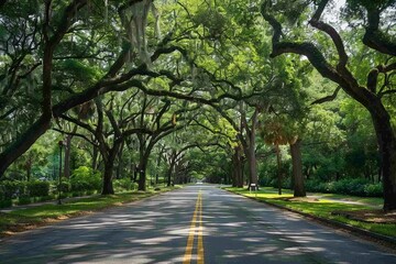 Fototapeta premium Sunlight Through a Canopy of Trees on a Paved Road
