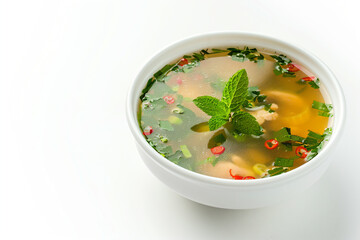 a bowl of soup with a sprig of mint