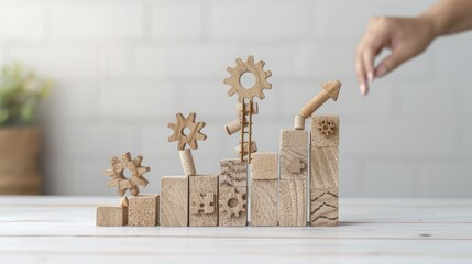 Success in Business Growth: Concept of Climbing Ladder to Achieve Targeted Marketing Strategy with Wooden Blocks, Gears Icon, and Graph in Minimalist Style, Generative Ai