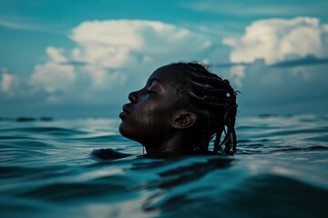 A woman floats in the ocean, her hair trailing in the water, against a blue sky with white clouds.