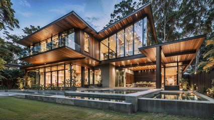 Obraz premium A modern home of luxury and geometric design, showcasing the harmony of wood and glass.