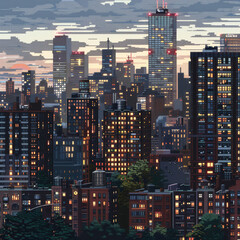 “Urban Majesty: Pixel Art Skyscraper and City View”