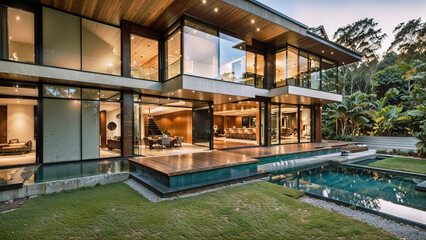 Fototapeta premium A modern home of luxury and geometric design, showcasing the harmony of wood and glass.