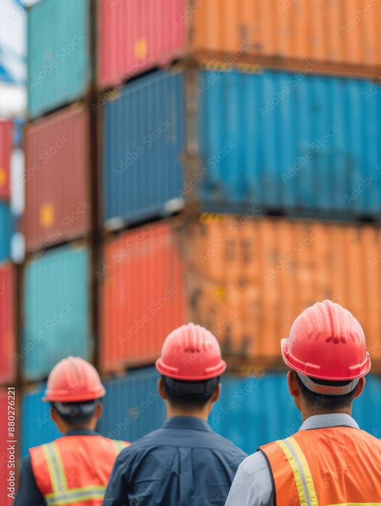 Poster team of dockworkers guiding truck loaded with containers, with copy space, capturing shipping teamwo