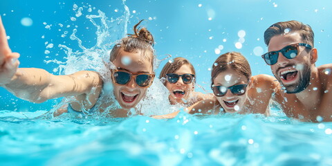 Naklejka premium Group of friends enjoying a splash in a swimming pool on a sunny day. Template for design card, invitation, banner