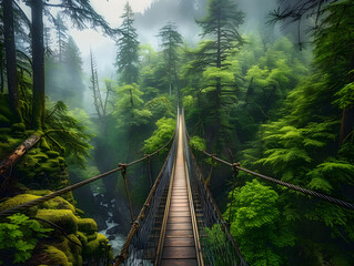 Obraz premium A serene misty forest surrounds a sturdy suspension bridge stretching across a vibrant green valley, with lush trees and moss-covered rocks beneath.