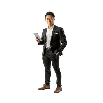 A 28 year old Chinese male salesman has an iPad in his hand. Introduce yourself to the audience isolated on transparent background